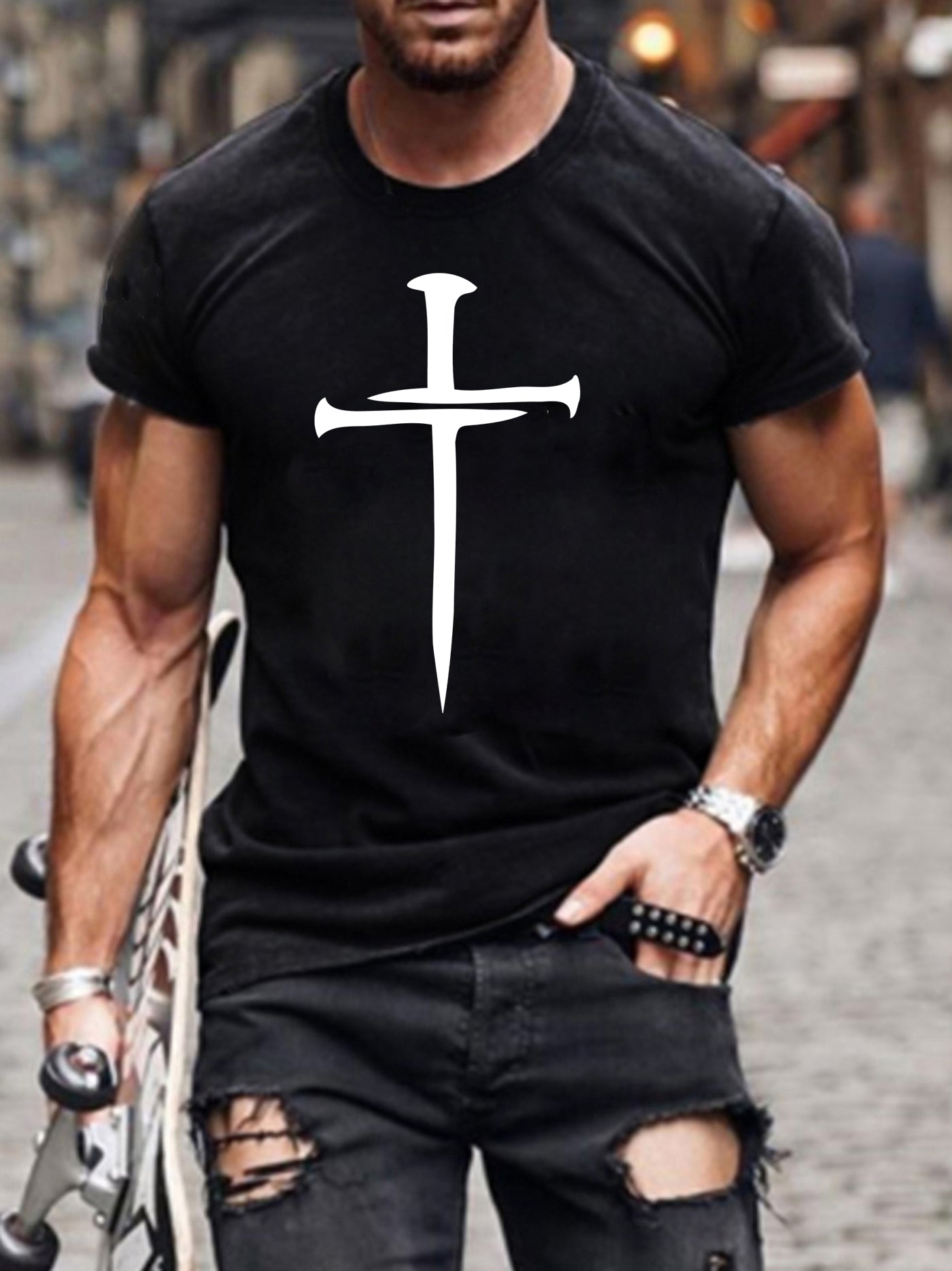 Trendy Cross Pattern Print Men's T-shirt