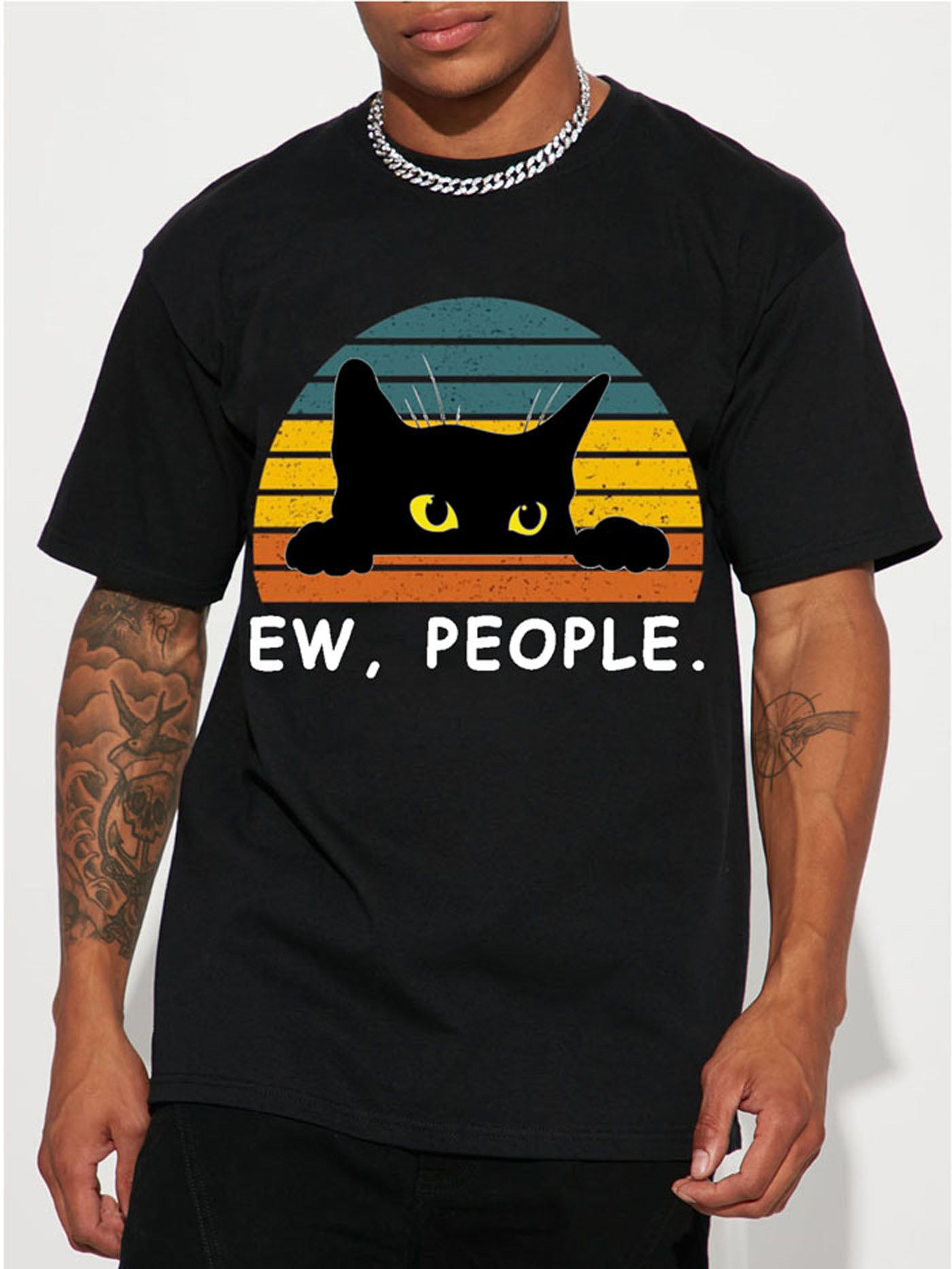 Men's Casual Trendy Black Cat Print T-shirt