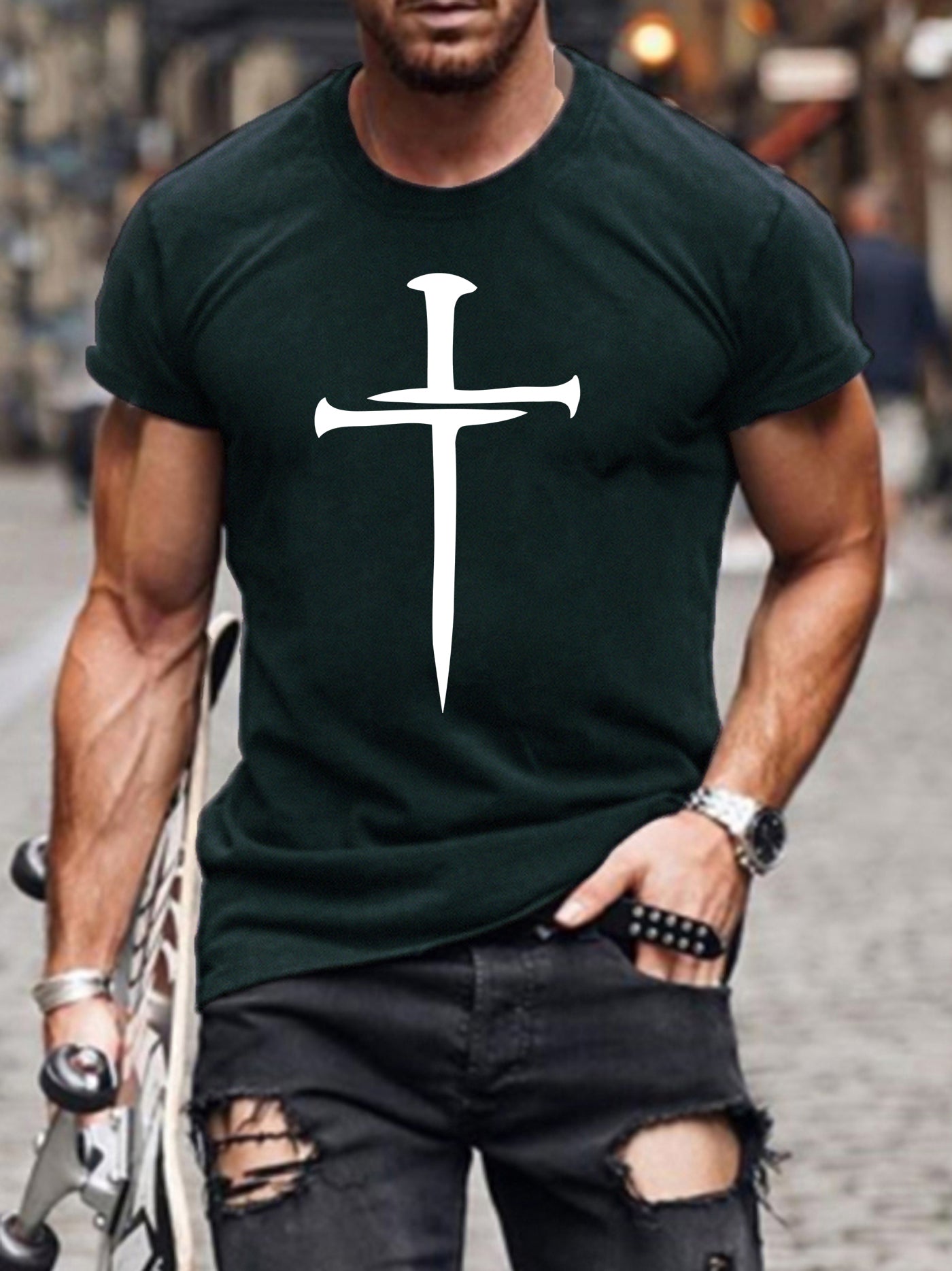 Trendy Cross Pattern Print Men's T-shirt