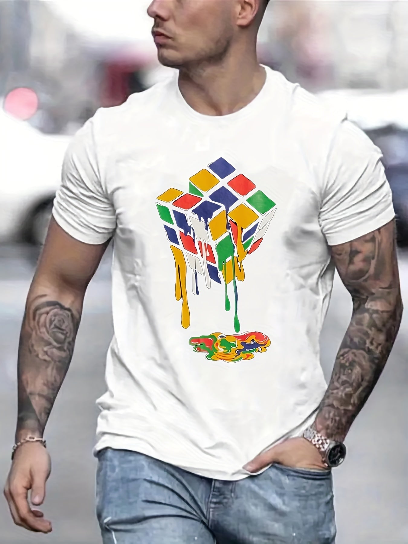 Colorful Rubik's Cube Magic Cube Pattern Print Men's T-shirt