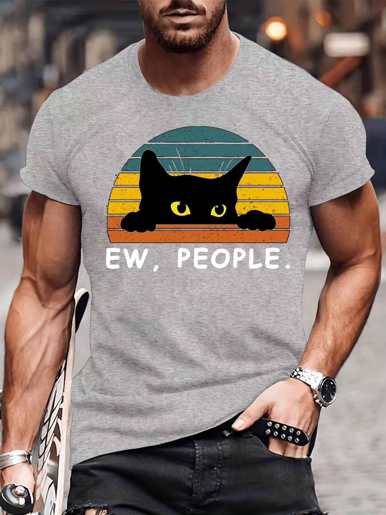 Men's Casual Trendy Black Cat Print T-shirt