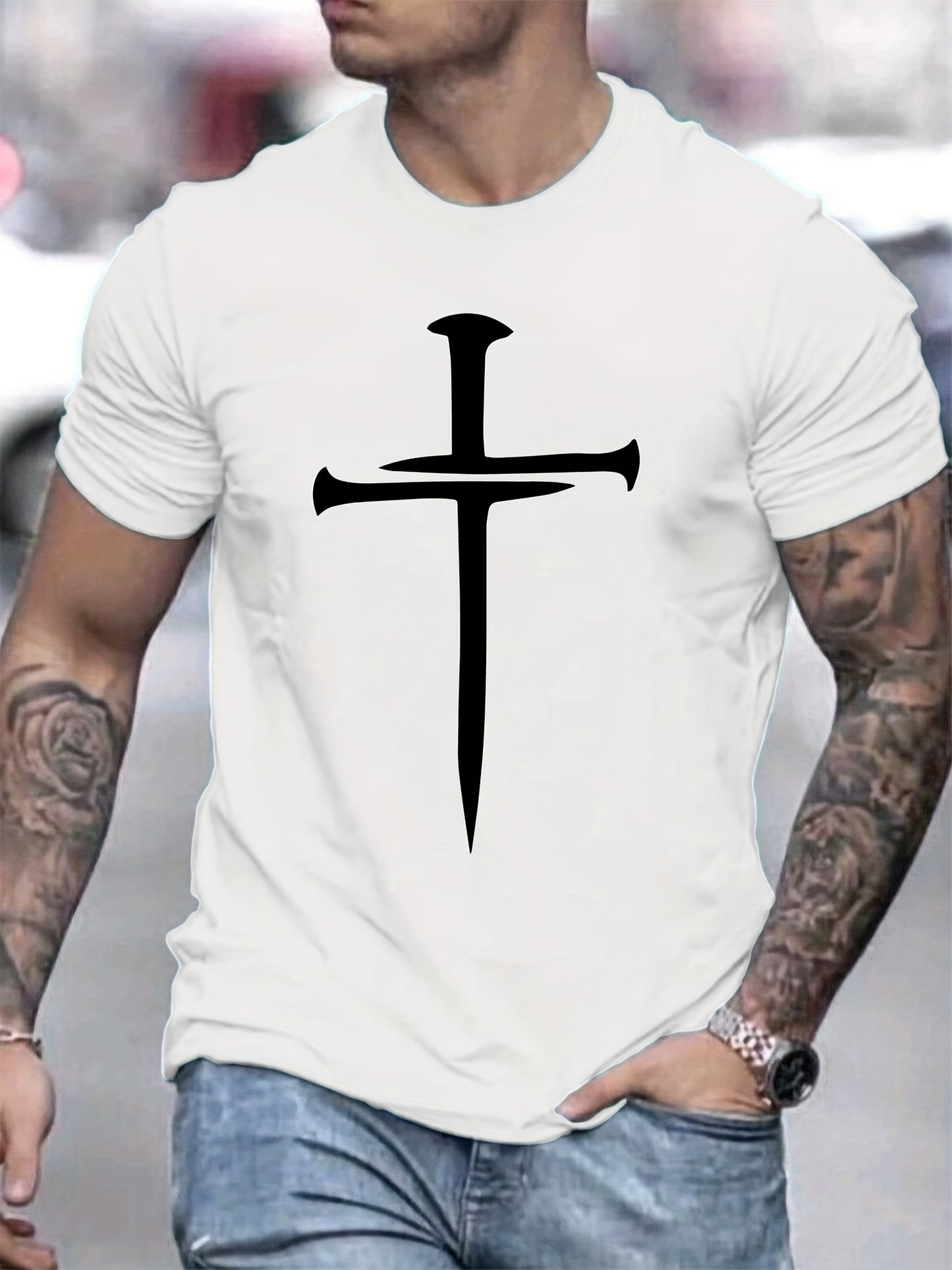 Trendy Cross Pattern Print Men's T-shirt