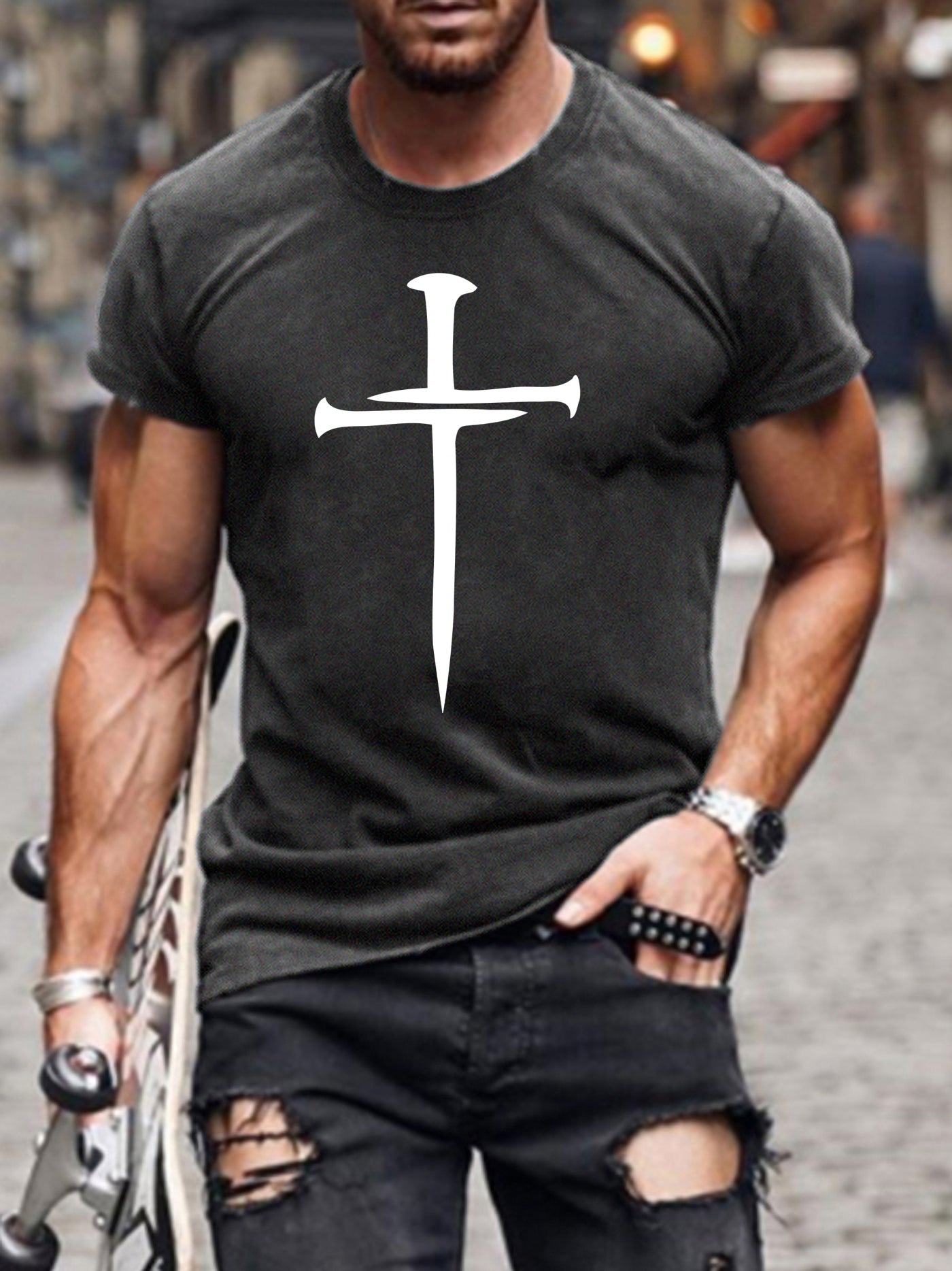 Trendy Cross Pattern Print Men's T-shirt