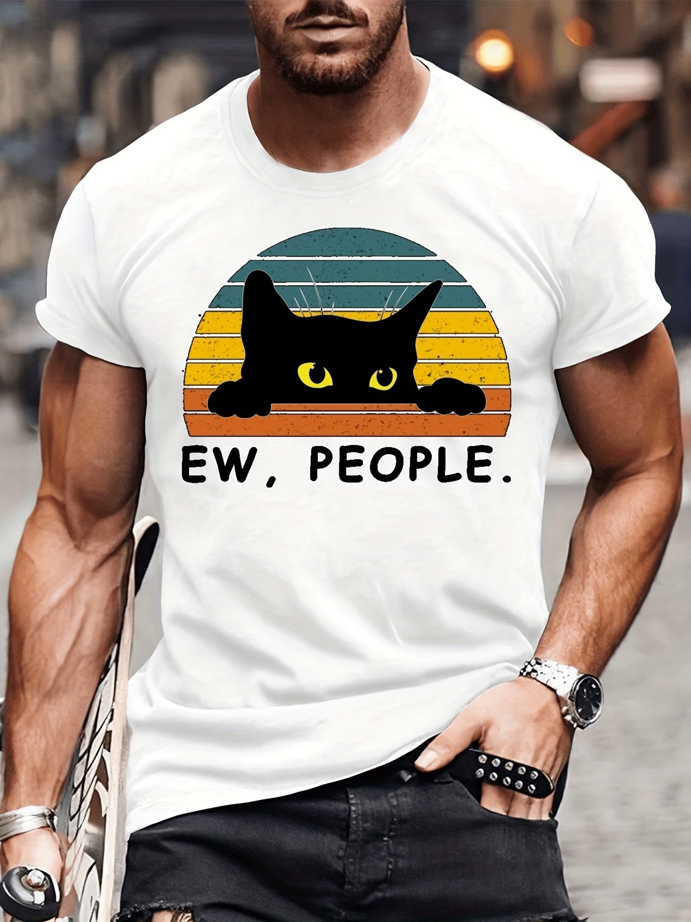 Men's Casual Trendy Black Cat Print T-shirt