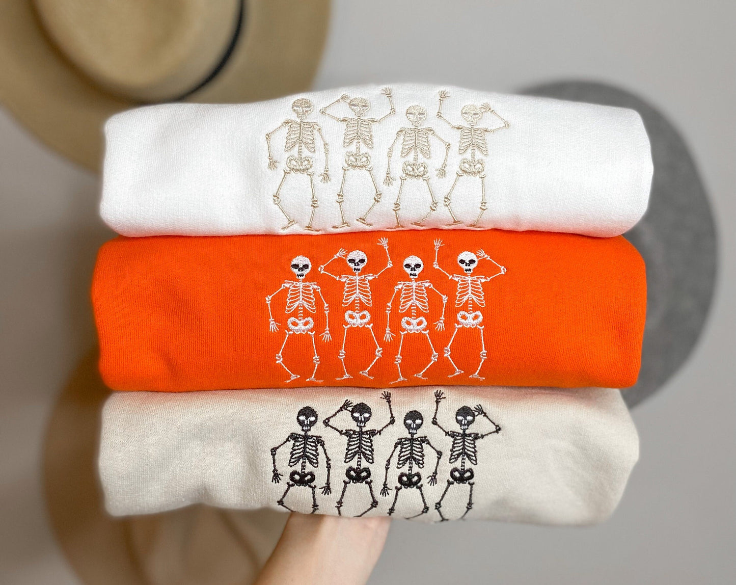 Dainty Dancing Skeletons Embroidered Sweatshirt -- Halloween Crewneck, Spooky Season