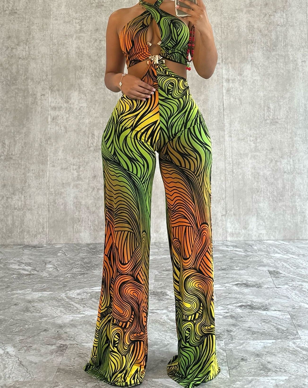 Sweet Escape Metal Trim Print Halter Jumpsuit