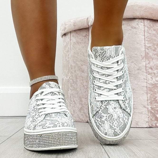 Shinning Lace Trim White Sneakers