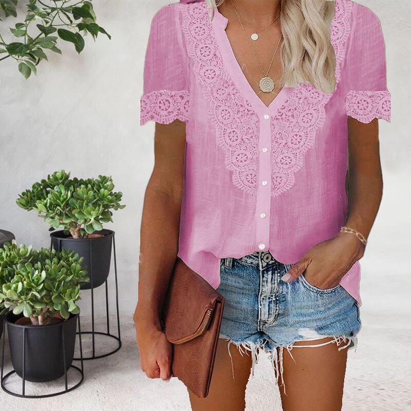 Short Sleeve Lace V-Neck Top