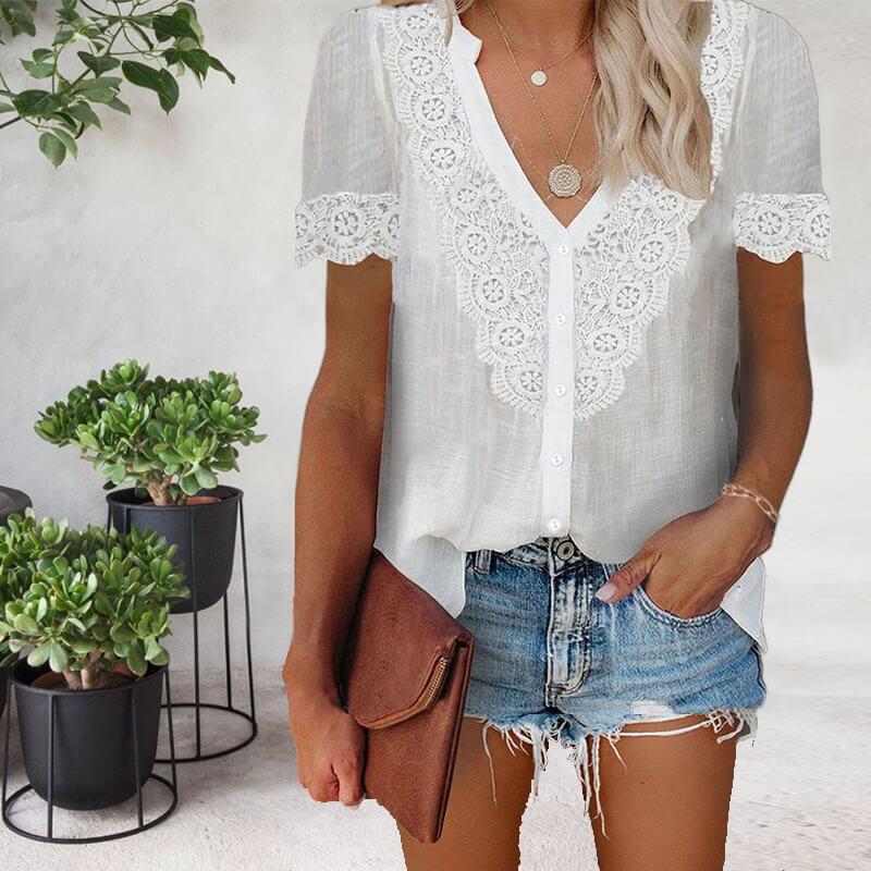 Short Sleeve Lace V-Neck Top