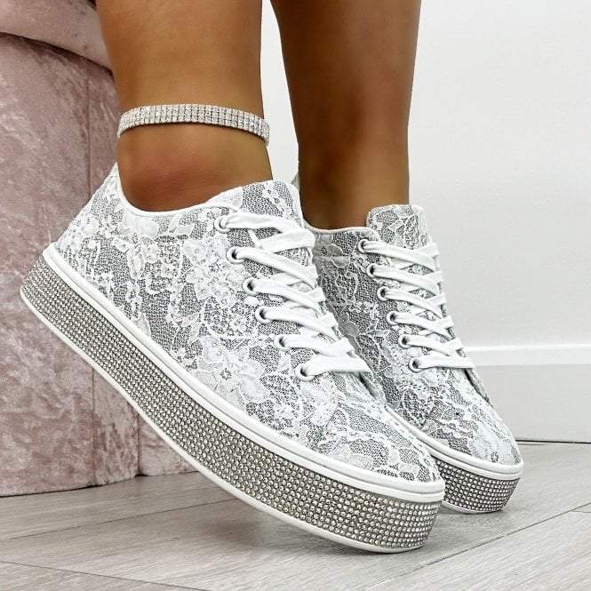 Shinning Lace Trim White Sneakers