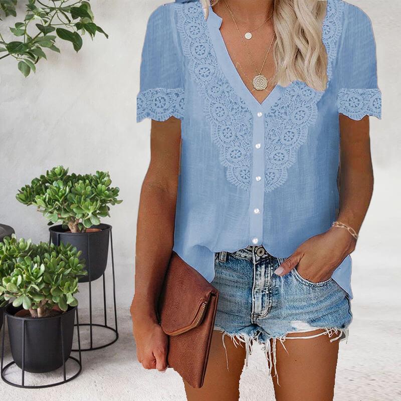 Short Sleeve Lace V-Neck Top