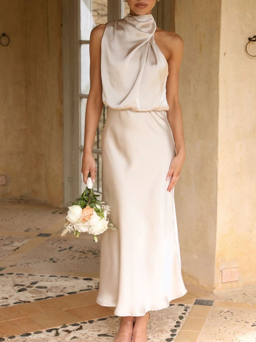 Sleeveless Halter Neck Solid Satin Dress