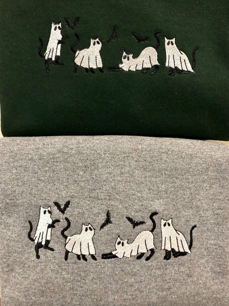 Halloween Cat Ghost Embroidered Sweatshirt/Hoodie