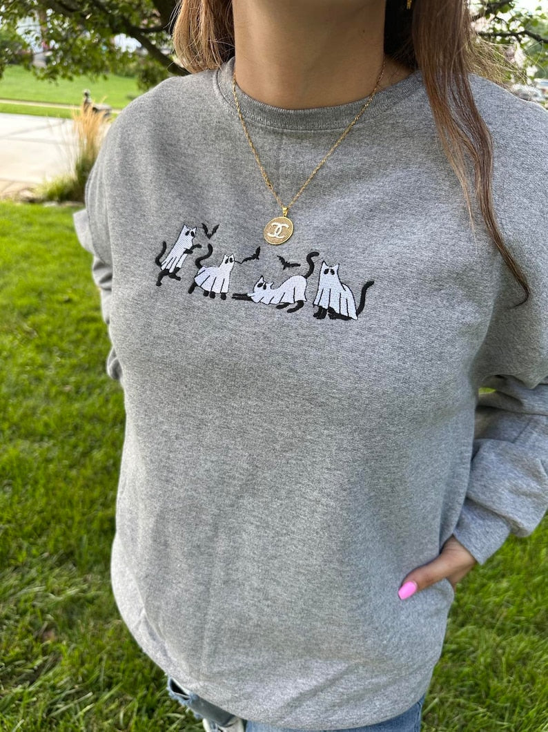 Halloween Cat Ghost Embroidered Sweatshirt/Hoodie